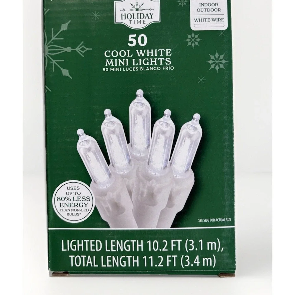 Holiday Time 50.Ct Cool White Mini‎ LED Christmas Lights Strand White Wire NEW